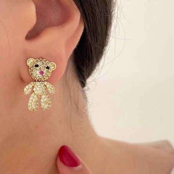 Teddy Bear Earrings 14k Gold Plated Sterling Silver Luxury Earrings - Picture 1 of 11